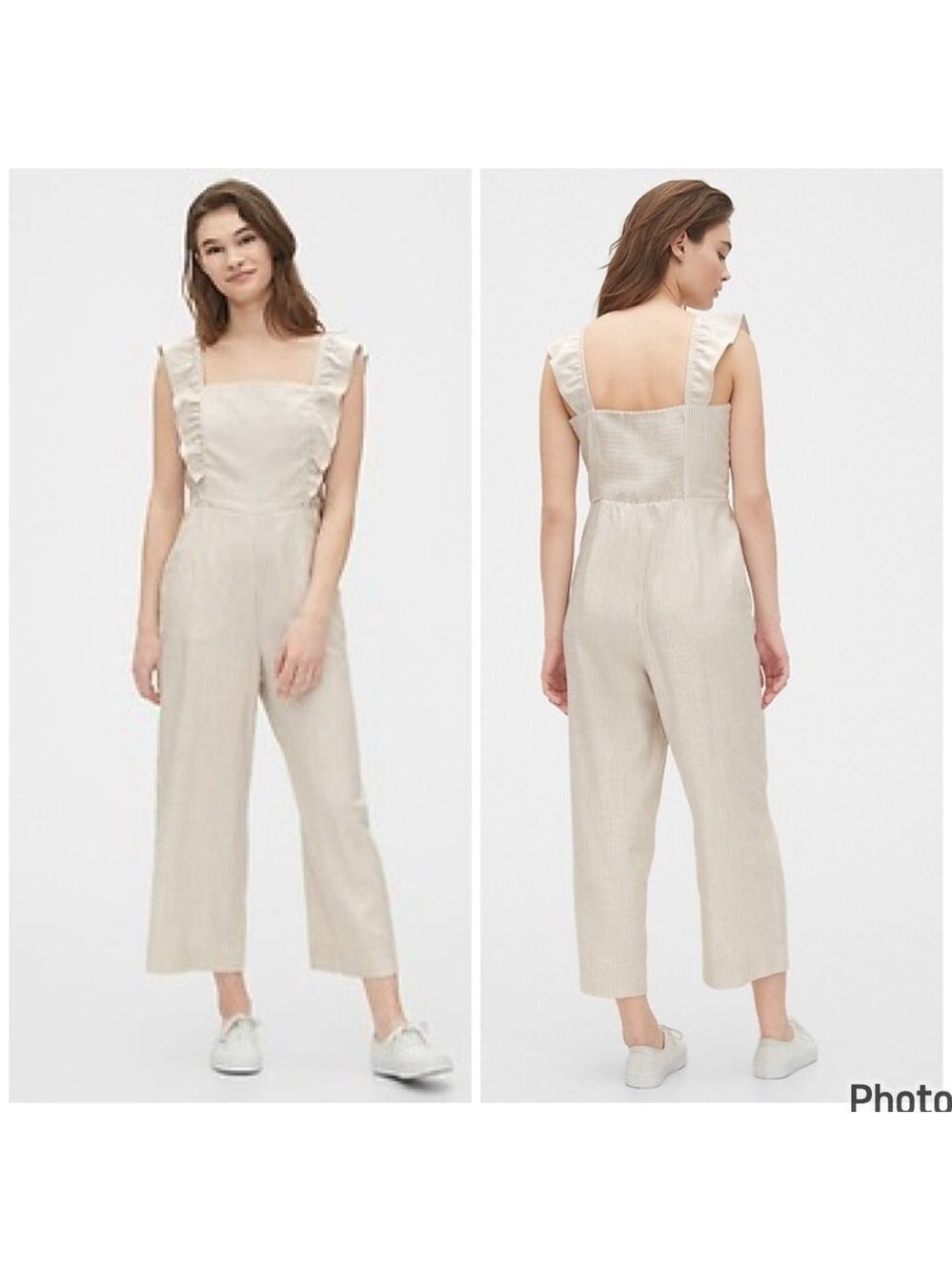 GAP Apron Ruffle Jumpsuit Neutral Stripes Size 6 Tall